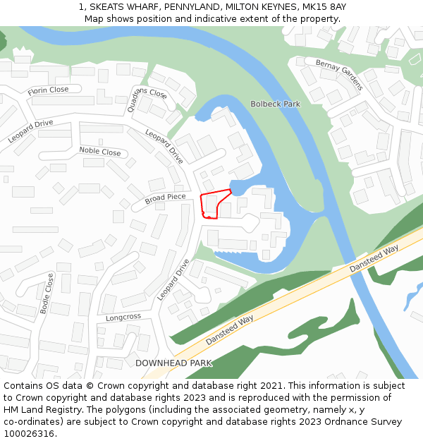 1, SKEATS WHARF, PENNYLAND, MILTON KEYNES, MK15 8AY: Location map and indicative extent of plot