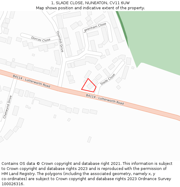 1, SLADE CLOSE, NUNEATON, CV11 6UW: Location map and indicative extent of plot