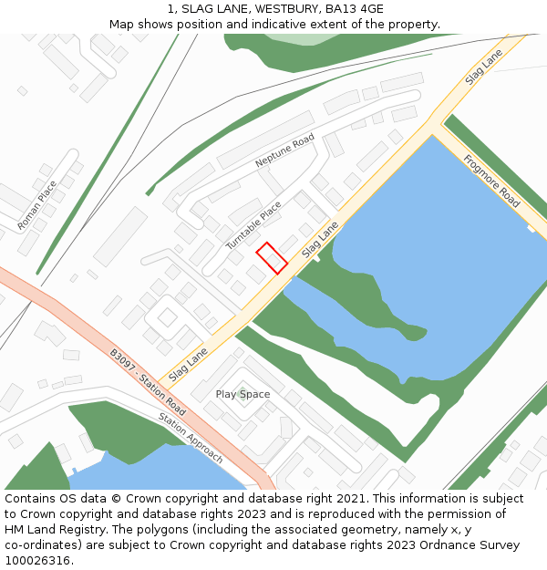 1, SLAG LANE, WESTBURY, BA13 4GE: Location map and indicative extent of plot