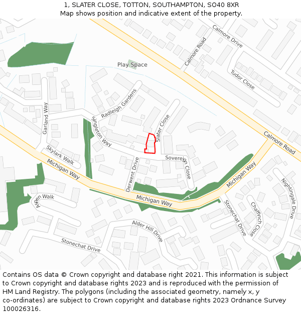 1, SLATER CLOSE, TOTTON, SOUTHAMPTON, SO40 8XR: Location map and indicative extent of plot