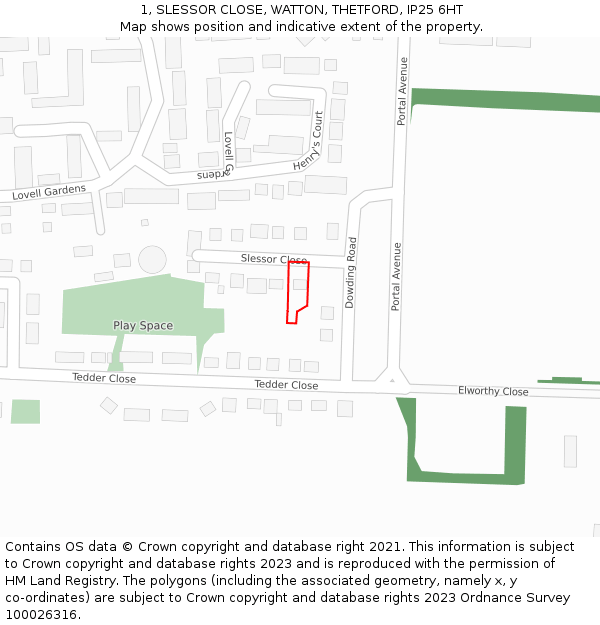 1, SLESSOR CLOSE, WATTON, THETFORD, IP25 6HT: Location map and indicative extent of plot