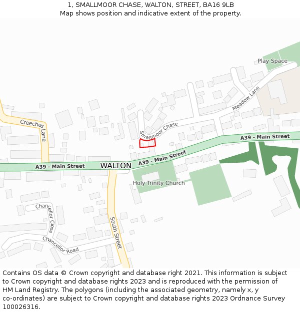 1, SMALLMOOR CHASE, WALTON, STREET, BA16 9LB: Location map and indicative extent of plot