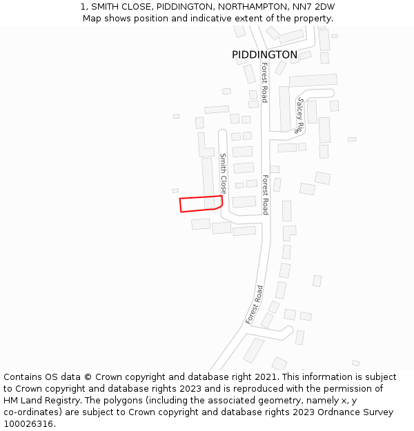 1, SMITH CLOSE, PIDDINGTON, NORTHAMPTON, NN7 2DW: Location map and indicative extent of plot