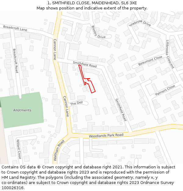 1, SMITHFIELD CLOSE, MAIDENHEAD, SL6 3XE: Location map and indicative extent of plot