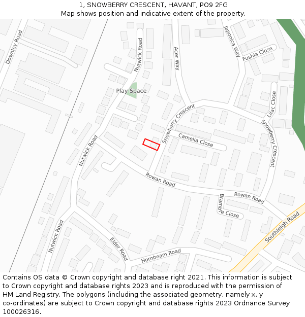 1, SNOWBERRY CRESCENT, HAVANT, PO9 2FG: Location map and indicative extent of plot