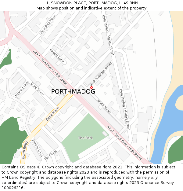 1, SNOWDON PLACE, PORTHMADOG, LL49 9NN: Location map and indicative extent of plot