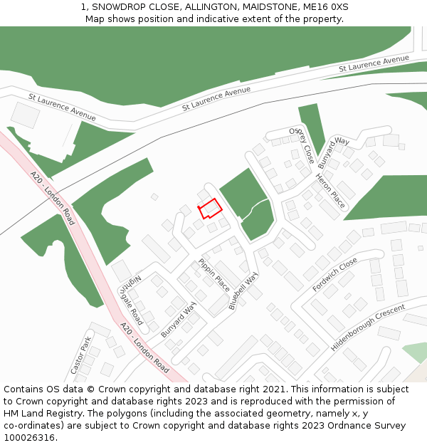 1, SNOWDROP CLOSE, ALLINGTON, MAIDSTONE, ME16 0XS: Location map and indicative extent of plot