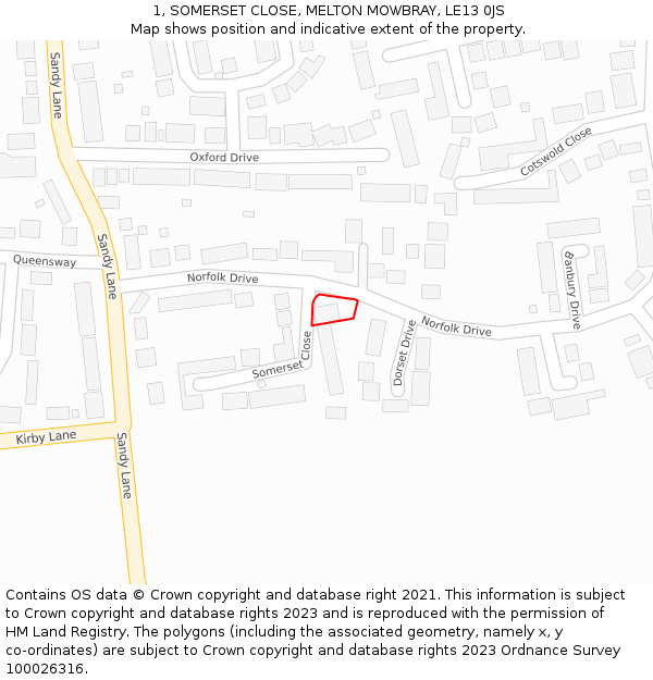 1, SOMERSET CLOSE, MELTON MOWBRAY, LE13 0JS: Location map and indicative extent of plot