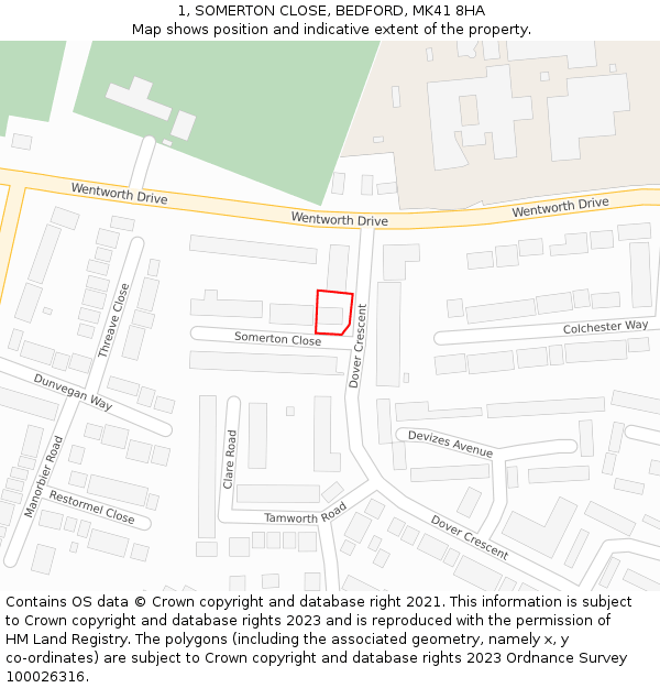 1, SOMERTON CLOSE, BEDFORD, MK41 8HA: Location map and indicative extent of plot