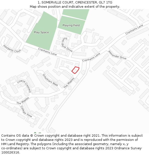 1, SOMERVILLE COURT, CIRENCESTER, GL7 1TG: Location map and indicative extent of plot