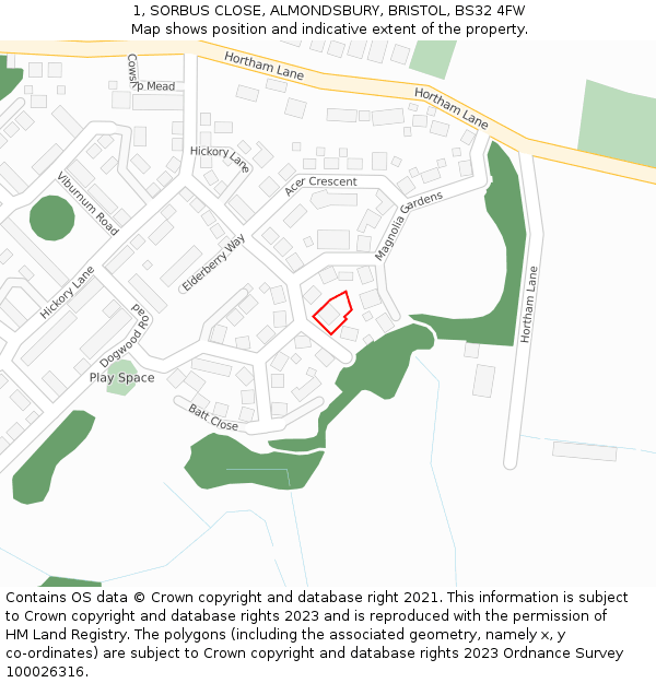 1, SORBUS CLOSE, ALMONDSBURY, BRISTOL, BS32 4FW: Location map and indicative extent of plot