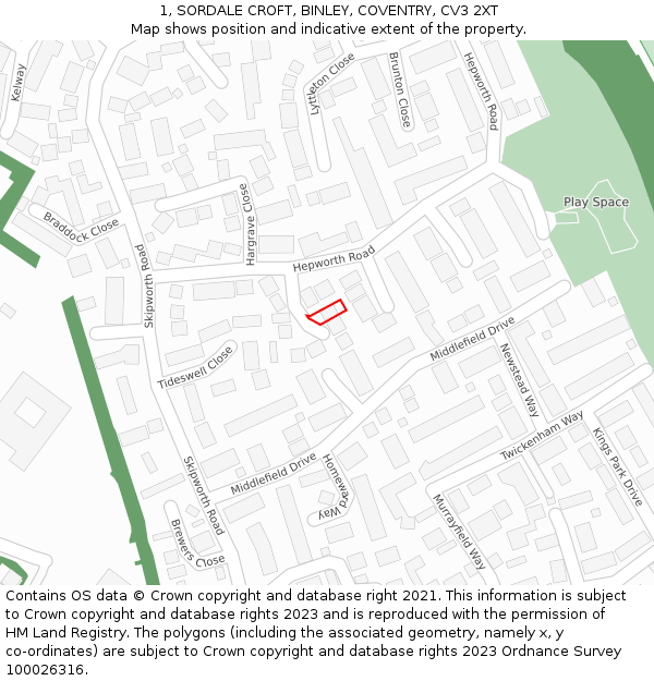 1, SORDALE CROFT, BINLEY, COVENTRY, CV3 2XT: Location map and indicative extent of plot