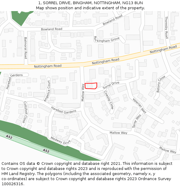 1, SORREL DRIVE, BINGHAM, NOTTINGHAM, NG13 8UN: Location map and indicative extent of plot