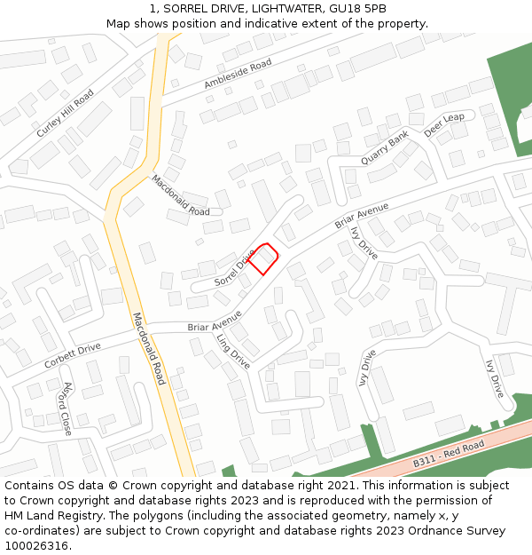 1, SORREL DRIVE, LIGHTWATER, GU18 5PB: Location map and indicative extent of plot