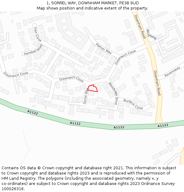 1, SORREL WAY, DOWNHAM MARKET, PE38 9UD: Location map and indicative extent of plot