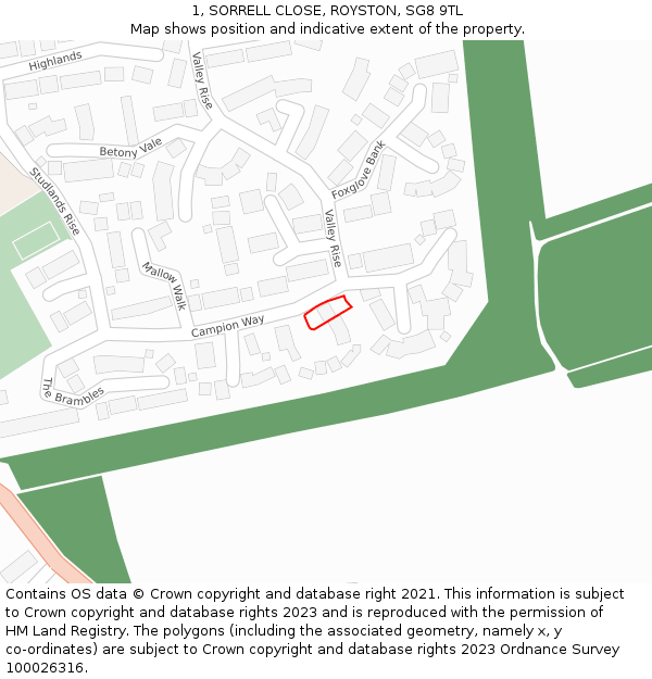 1, SORRELL CLOSE, ROYSTON, SG8 9TL: Location map and indicative extent of plot