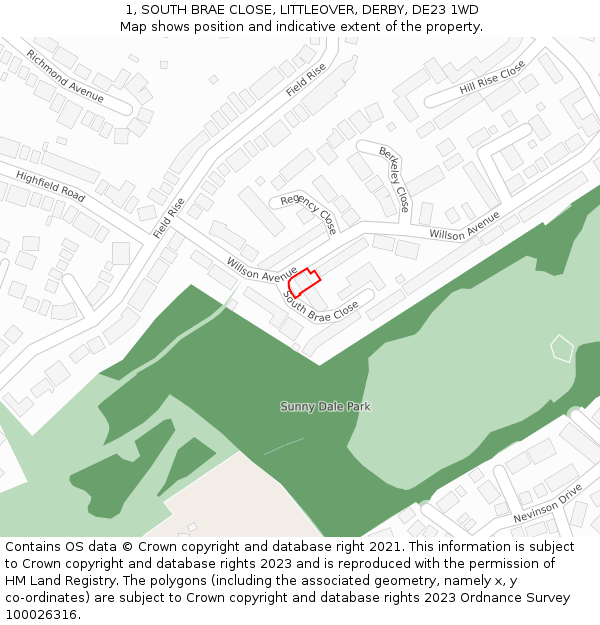 1, SOUTH BRAE CLOSE, LITTLEOVER, DERBY, DE23 1WD: Location map and indicative extent of plot