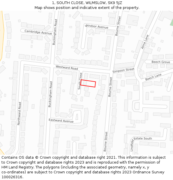 1, SOUTH CLOSE, WILMSLOW, SK9 5JZ: Location map and indicative extent of plot