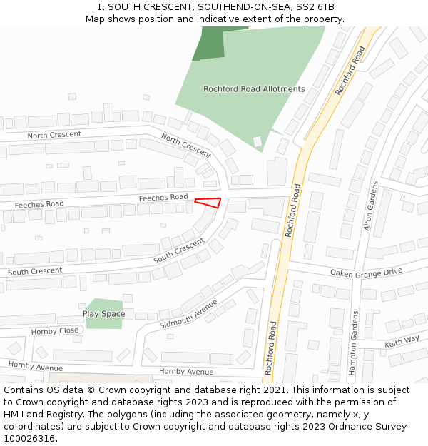 1, SOUTH CRESCENT, SOUTHEND-ON-SEA, SS2 6TB: Location map and indicative extent of plot