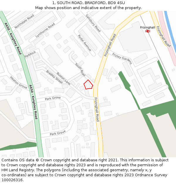 1, SOUTH ROAD, BRADFORD, BD9 4SU: Location map and indicative extent of plot