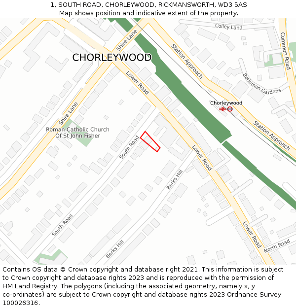 1, SOUTH ROAD, CHORLEYWOOD, RICKMANSWORTH, WD3 5AS: Location map and indicative extent of plot