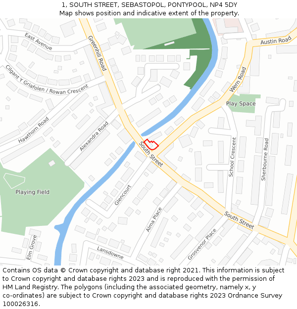 1, SOUTH STREET, SEBASTOPOL, PONTYPOOL, NP4 5DY: Location map and indicative extent of plot