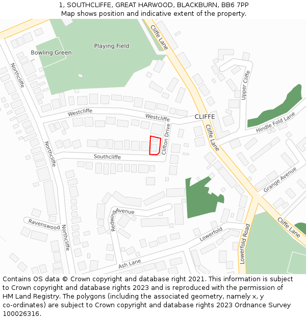 1, SOUTHCLIFFE, GREAT HARWOOD, BLACKBURN, BB6 7PP: Location map and indicative extent of plot