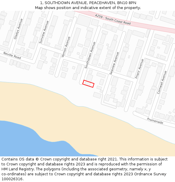 1, SOUTHDOWN AVENUE, PEACEHAVEN, BN10 8PN: Location map and indicative extent of plot