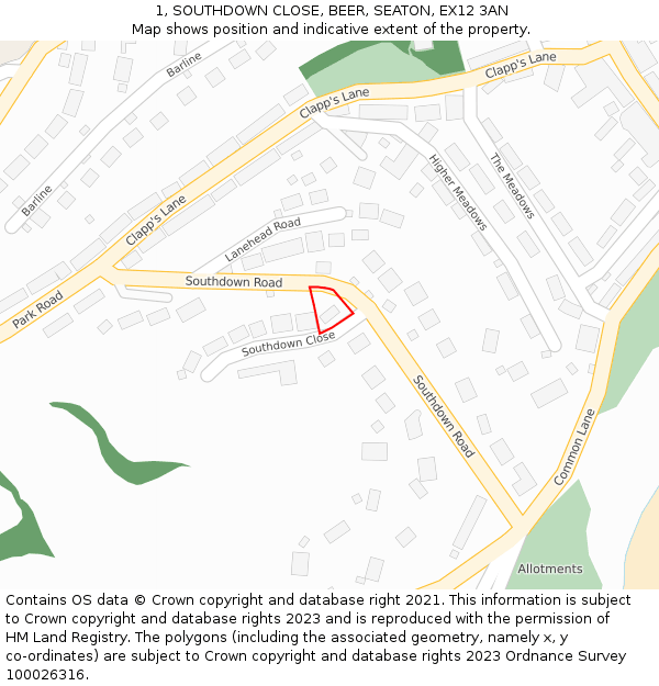 1, SOUTHDOWN CLOSE, BEER, SEATON, EX12 3AN: Location map and indicative extent of plot
