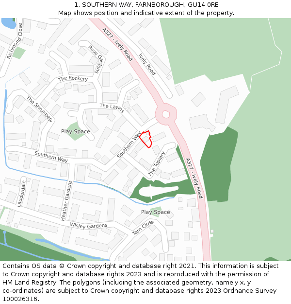 1, SOUTHERN WAY, FARNBOROUGH, GU14 0RE: Location map and indicative extent of plot