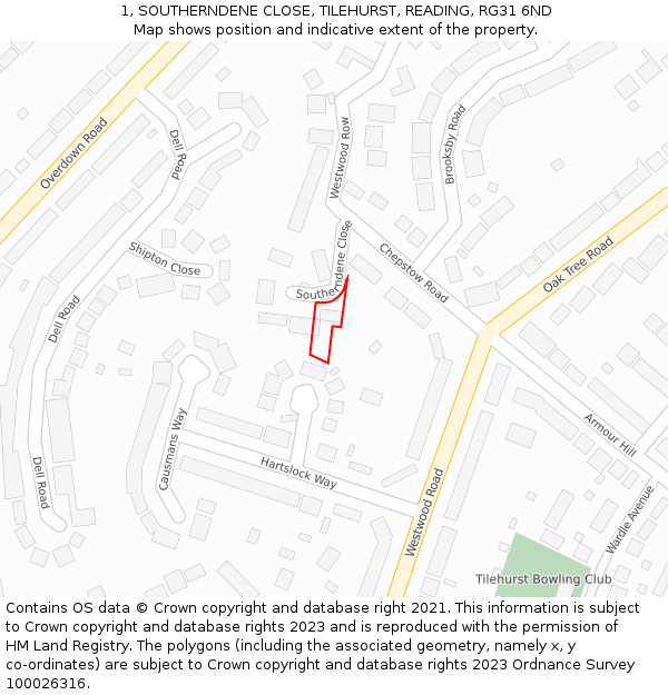 1, SOUTHERNDENE CLOSE, TILEHURST, READING, RG31 6ND: Location map and indicative extent of plot