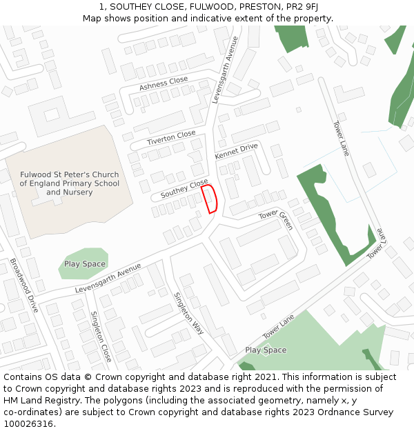 1, SOUTHEY CLOSE, FULWOOD, PRESTON, PR2 9FJ: Location map and indicative extent of plot