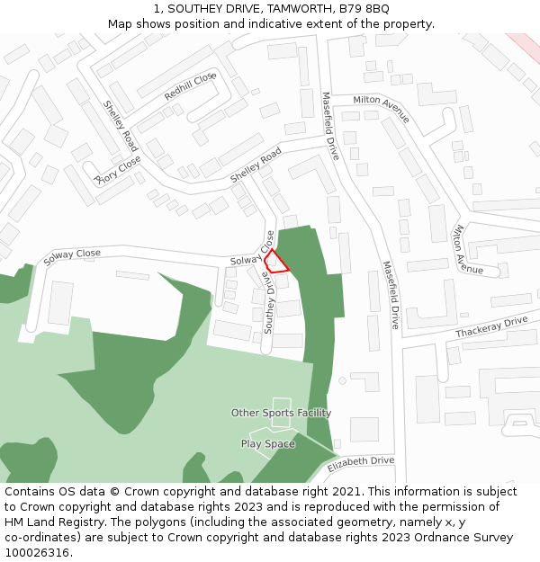 1, SOUTHEY DRIVE, TAMWORTH, B79 8BQ: Location map and indicative extent of plot