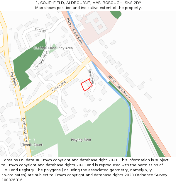 1, SOUTHFIELD, ALDBOURNE, MARLBOROUGH, SN8 2DY: Location map and indicative extent of plot