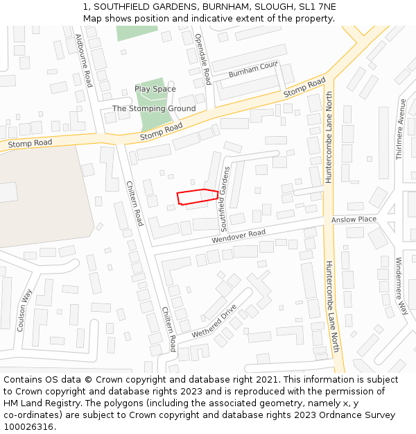 1, SOUTHFIELD GARDENS, BURNHAM, SLOUGH, SL1 7NE: Location map and indicative extent of plot