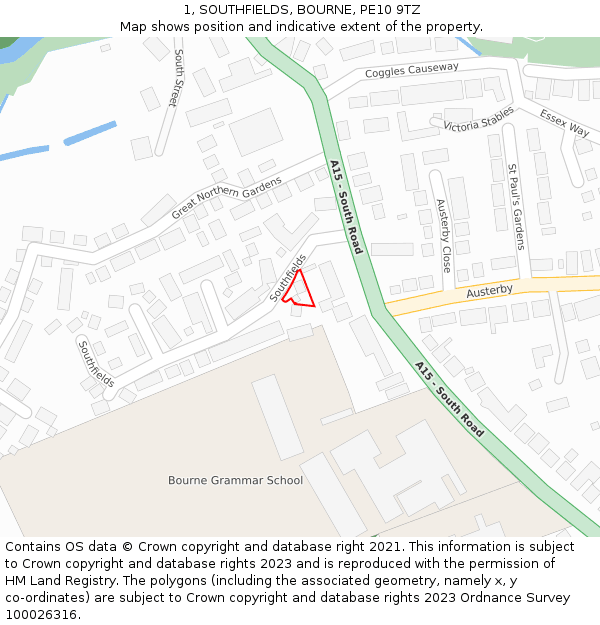 1, SOUTHFIELDS, BOURNE, PE10 9TZ: Location map and indicative extent of plot