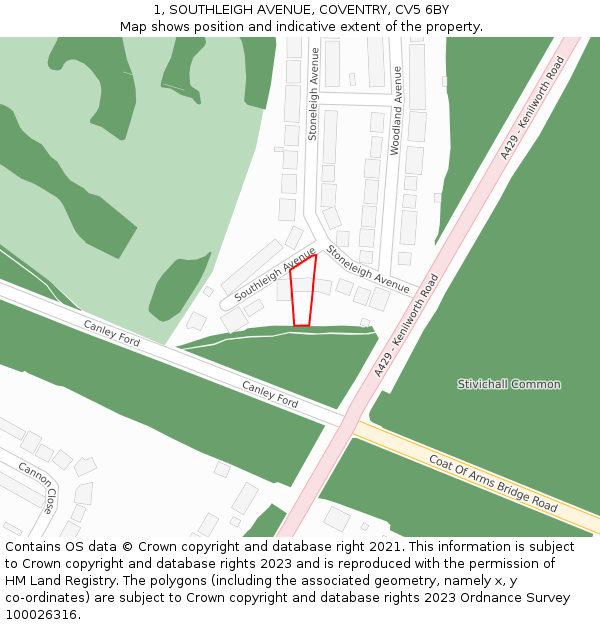 1, SOUTHLEIGH AVENUE, COVENTRY, CV5 6BY: Location map and indicative extent of plot