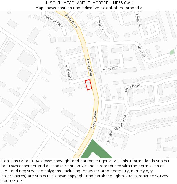 1, SOUTHMEAD, AMBLE, MORPETH, NE65 0WH: Location map and indicative extent of plot