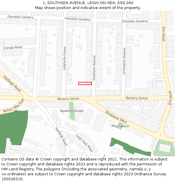 1, SOUTHSEA AVENUE, LEIGH-ON-SEA, SS9 2AX: Location map and indicative extent of plot