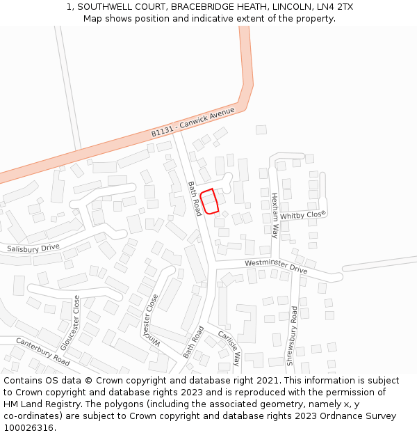 1, SOUTHWELL COURT, BRACEBRIDGE HEATH, LINCOLN, LN4 2TX: Location map and indicative extent of plot