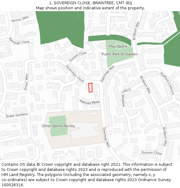 1, SOVEREIGN CLOSE, BRAINTREE, CM7 9DJ: Location map and indicative extent of plot