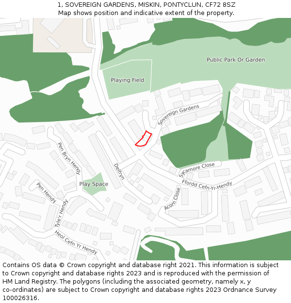 1, SOVEREIGN GARDENS, MISKIN, PONTYCLUN, CF72 8SZ: Location map and indicative extent of plot