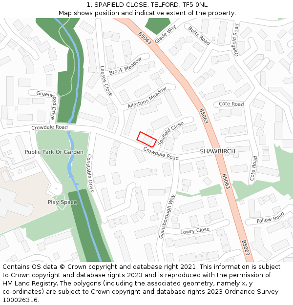 1, SPAFIELD CLOSE, TELFORD, TF5 0NL: Location map and indicative extent of plot