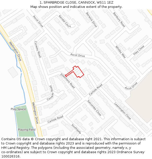 1, SPARBRIDGE CLOSE, CANNOCK, WS11 1EZ: Location map and indicative extent of plot