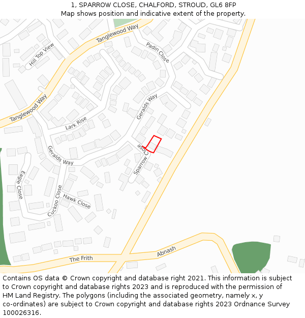 1, SPARROW CLOSE, CHALFORD, STROUD, GL6 8FP: Location map and indicative extent of plot