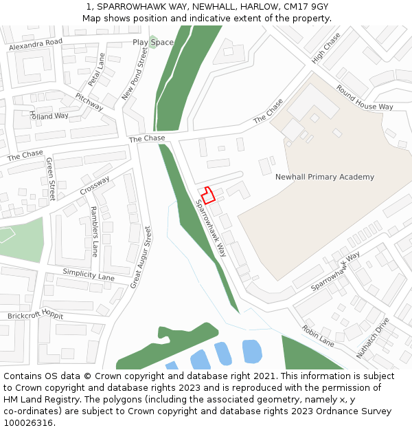 1, SPARROWHAWK WAY, NEWHALL, HARLOW, CM17 9GY: Location map and indicative extent of plot