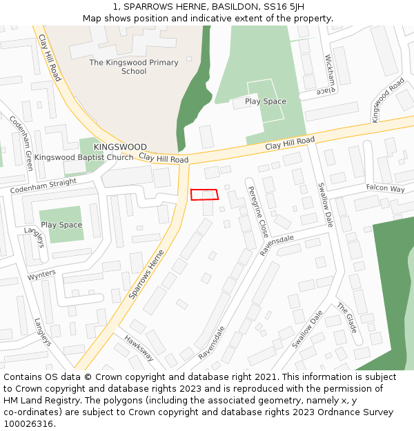 1, SPARROWS HERNE, BASILDON, SS16 5JH: Location map and indicative extent of plot