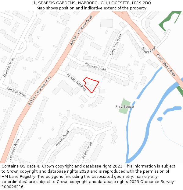 1, SPARSIS GARDENS, NARBOROUGH, LEICESTER, LE19 2BQ: Location map and indicative extent of plot