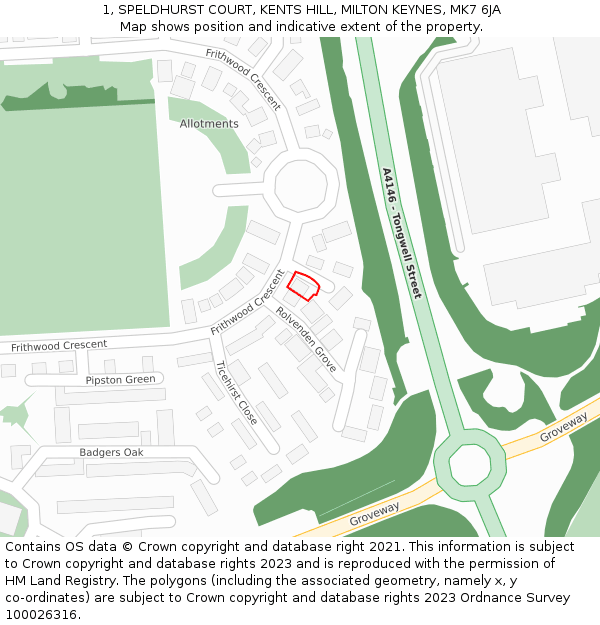 1, SPELDHURST COURT, KENTS HILL, MILTON KEYNES, MK7 6JA: Location map and indicative extent of plot