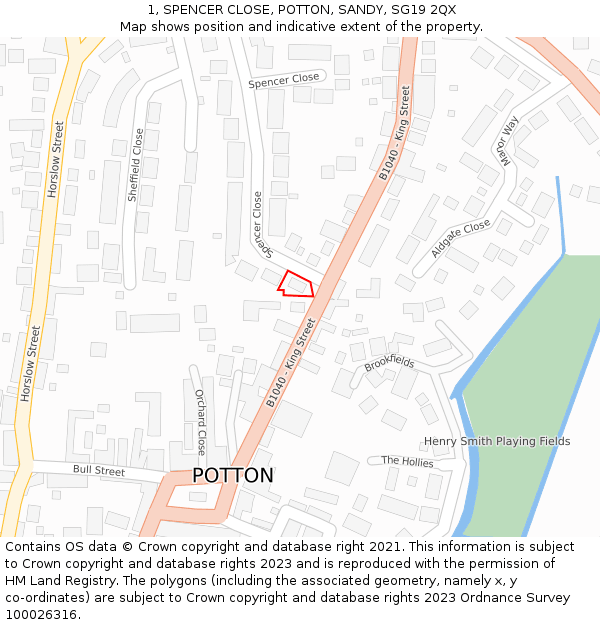 1, SPENCER CLOSE, POTTON, SANDY, SG19 2QX: Location map and indicative extent of plot